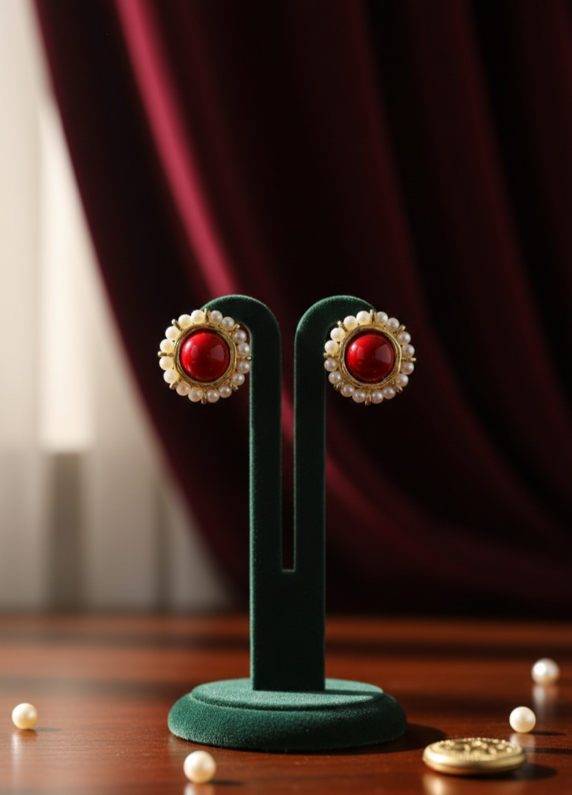 Bi-Takı | Vintage İnci Çerçeveli Kırmızı Taşlı Küpe