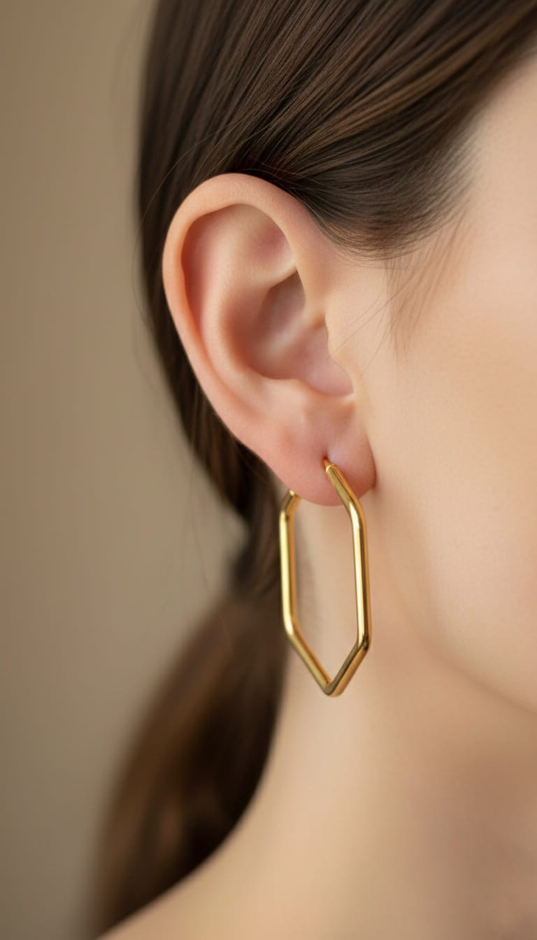 Bi-Takı | Gold Altıgen Çelik Küpe