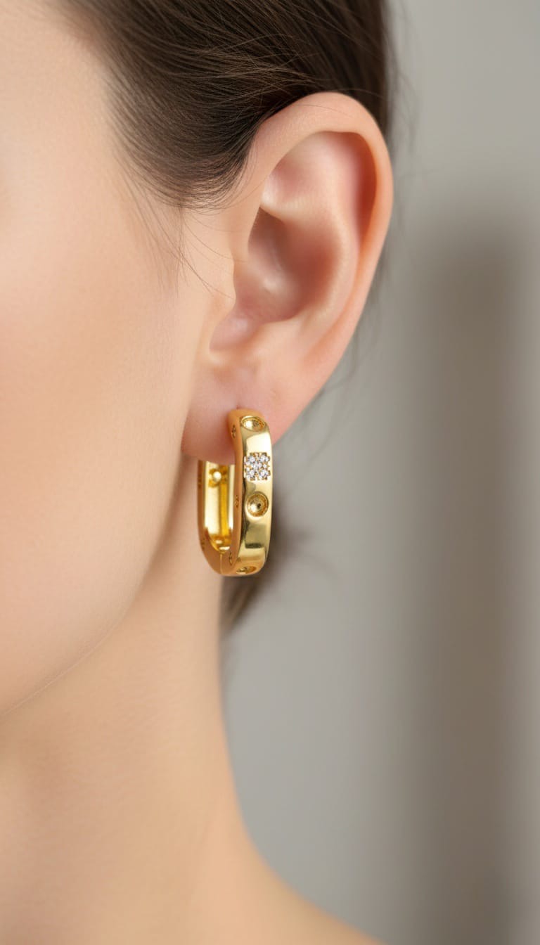 Bi-Takı | Çelik Dikdörtgen Formlu Taşlı Halka Küpe